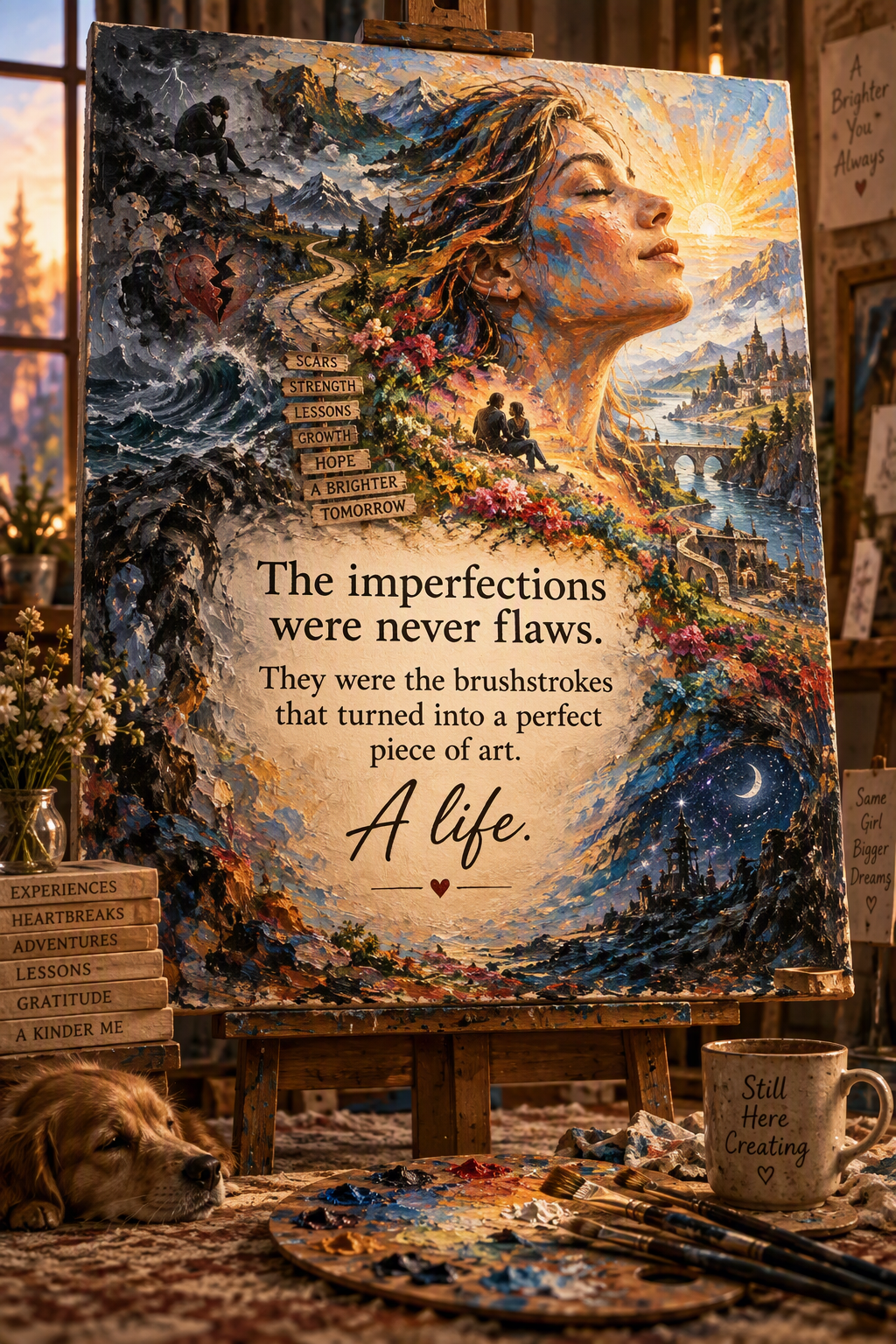 A richly painted landscape and woman at sunrise, with the message: The imperfections were never flaws. They were the brushstrokes that turned into a perfect piece of art. A life.